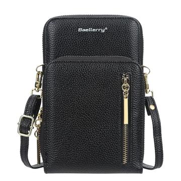 BAELLERRY N0110 Women Double Layer Zipper Wallet PU Leather Cellphone Purse with Shoulder Strap - Black