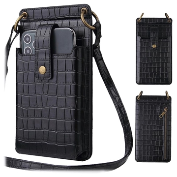 Crocodile Pattern Smartphone Crossbody Bag with Makeup Mirror - Black