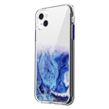 Marble Pattern iPhone 14 Plus Hybrid Case - Dark Blue
