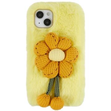 3D Plush Furry Winter iPhone 14 TPU Case - Yellow Flower
