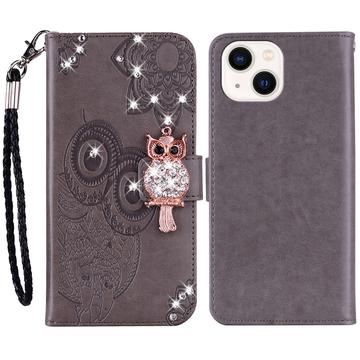 iPhone 15 Owl Rhinestone Wallet Case - Grey