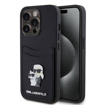 iPhone 15 Pro Karl Lagerfeld Saffiano Card Slot Metal Karl & Choupette Case - Black