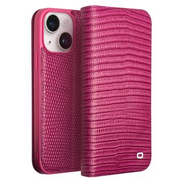 Qialino iPhone 15 Wallet Leather Case - Crocodile - Hot Pink
