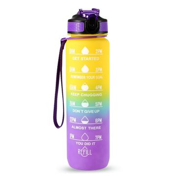 1L Sports Water Bottle with Time Marker Water Jug Leak proof Drinking Kettle for Office School Camping (BPA Free) - Yellow/Purple