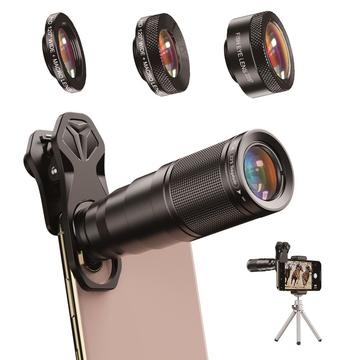 APEXEL Phone Camera Lens Kit, 22X Telephoto Lens + 120deg Wide Angle Lens + 25X Macro Lens + 205deg Fish Eye Lens