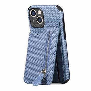 iPhone 14 Plus Case with Zipper Pocket & Stand - Carbon Fiber - Blue