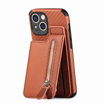 iPhone 14 Plus Case with Zipper Pocket & Stand - Carbon Fiber - Brown