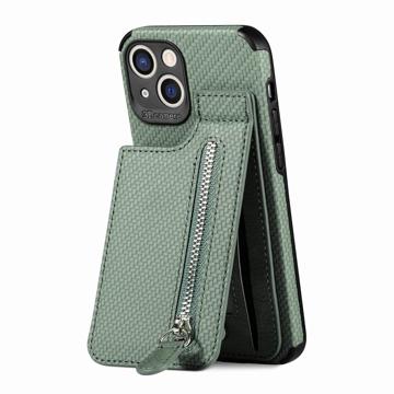 iPhone 14 Plus Case with Zipper Pocket & Stand - Carbon Fiber - Green