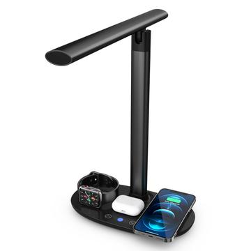 4-in-1 Phone Watch Earphone Wireless Charger Desk Lamp 15W Phone Wireless Charging Dock LED Table Light B-15 - Black