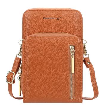BAELLERRY N0110 Women Double Layer Zipper Wallet PU Leather Cellphone Purse with Shoulder Strap - Brown