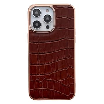 Crocodile Series iPhone 14 Pro Max Leather Coated Case - Brown