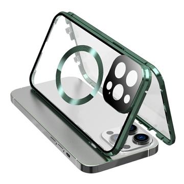Compatible with MagSafe Case for iPhone 15 Pro Magnetic Metal Frame + Double-Sided Tempered Glass Phone Cover with Buckle Lock - Green