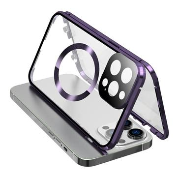 Compatible with MagSafe Case for iPhone 15 Pro Magnetic Metal Frame + Double-Sided Tempered Glass Phone Cover with Buckle Lock - Purple