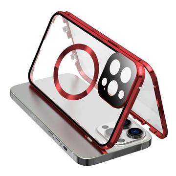 Compatible with MagSafe Case for iPhone 15 Pro Magnetic Metal Frame + Double-Sided Tempered Glass Phone Cover with Buckle Lock - Red
