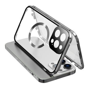 Compatible with MagSafe Case for iPhone 15 Pro Magnetic Metal Frame + Double-Sided Tempered Glass Phone Cover with Buckle Lock - Silver