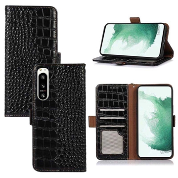Crocodile Series Sony Xperia 5 IV Wallet Leather Case with RFID - Black