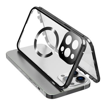 Dual-Sided Tempered Glass+Magnetic Metal Frame Anti-Drop Case for iPhone 15 Compatible with MagSafe Phone Cover with Buckle Lock - Black