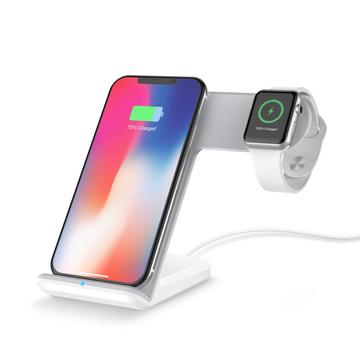 F11 2-in-1 Mobile Phone Smart Watch Wireless Charging Stand Qi Wireless Fast Charger for iPhone Samsung Apple Watch - White