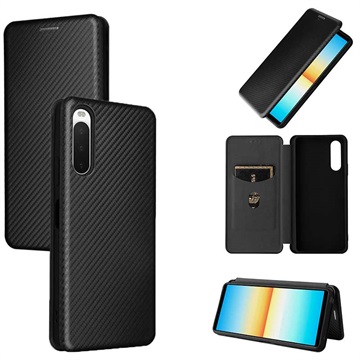 Sony Xperia 10 IV Flip Case with Card Slot - Carbon Fiber - Black