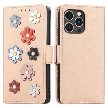 Flower Decor Series iPhone 14 Pro Wallet Case - Beige