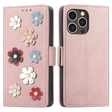 Flower Decor Series iPhone 14 Pro Wallet Case - Rose Gold