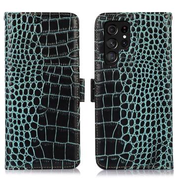Crocodile Series Samsung Galaxy S23 Ultra 5G Wallet Leather Case with RFID - Green