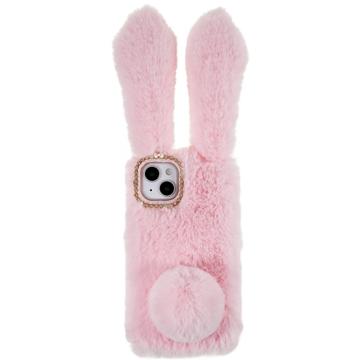 Furry Winter Bunny Ears iPhone 14 Case with Glitter - Pink