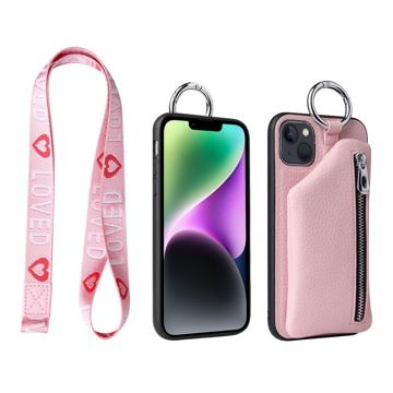 Strap Series iPhone 14 Plus Case with Detachable Wallet - Pink