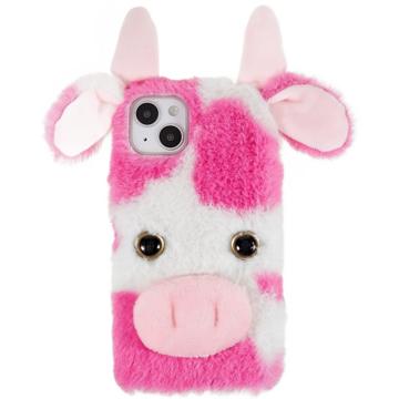 Fluffy Plush iPhone 14 Plus Hybrid Case - Pink Cow