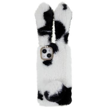 Furry Winter Bunny Ears iPhone 14 Plus Case with Glitter - Black / White