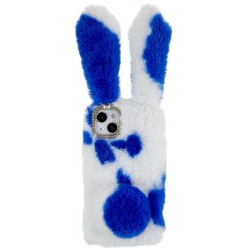 Furry Winter Bunny Ears iPhone 14 Plus Case with Glitter - Blue / White