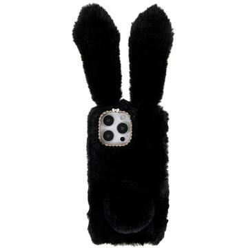 Furry Winter Bunny Ears iPhone 14 Pro Case with Glitter - Black