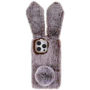 Furry Winter Bunny Ears iPhone 14 Pro Case with Glitter - Brown