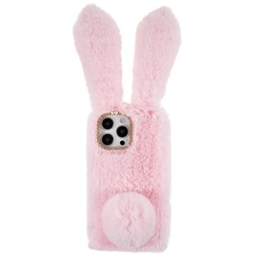 Furry Winter Bunny Ears iPhone 14 Pro Case with Glitter - Pink