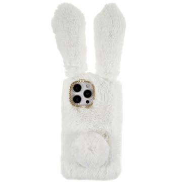 Furry Winter Bunny Ears iPhone 14 Pro Case with Glitter - White
