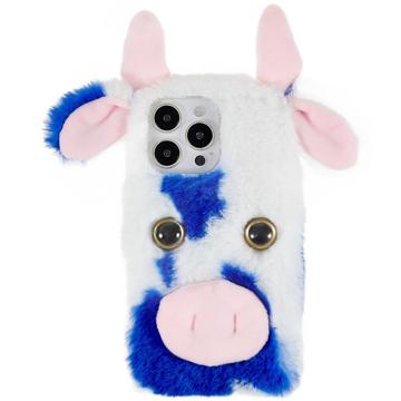 Fluffy Plush iPhone 14 Pro Hybrid Case - Blue Cow