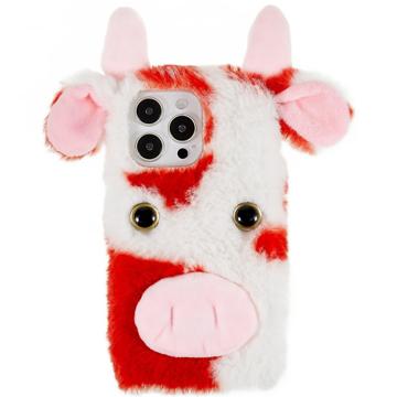 Fluffy Plush iPhone 14 Pro Hybrid Case - Red Cow