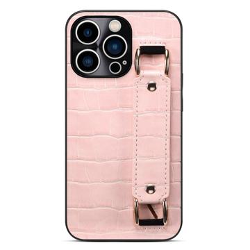 iPhone 14 Pro Coated Case with Hand Strap & Card Slot - Crocodile - Pink