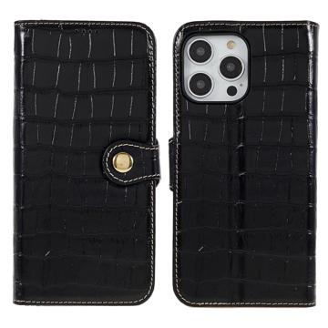 iPhone 14 Pro Max Wallet Leather Case - Crocodile - Black