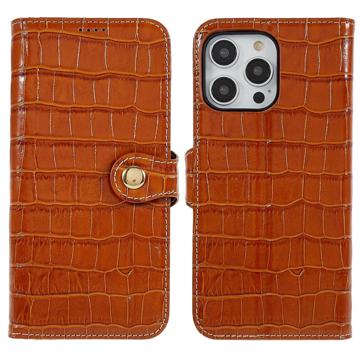 iPhone 14 Pro Max Wallet Leather Case - Crocodile - Brown