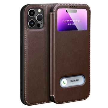 Dual View iPhone 14 Pro Max Flip Leather Case - Brown