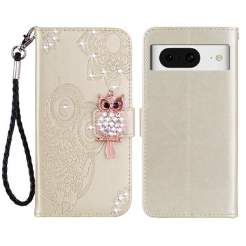 Google Pixel 8 Owl Rhinestone Wallet Case - Gold