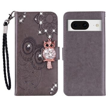 Google Pixel 8 Owl Rhinestone Wallet Case - Grey