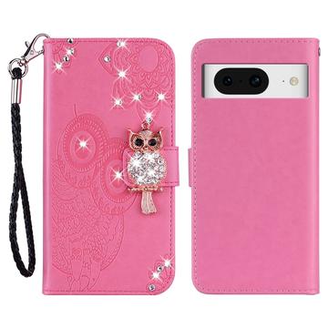 Google Pixel 8 Owl Rhinestone Wallet Case - Hot Pink