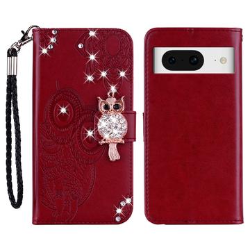 Google Pixel 8 Owl Rhinestone Wallet Case - Red