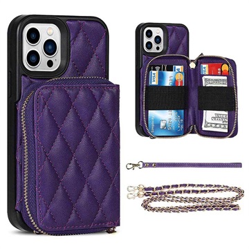 Grid Pattern iPhone 13 Pro Max TPU Case with Wallet - Purple