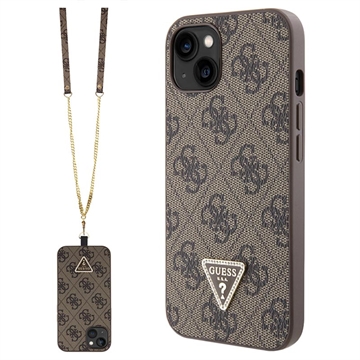 iPhone 15 Guess 4G Strass Triangle Metal Logo Case with Crossbody Strap - Brown