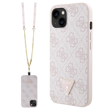 iPhone 15 Guess 4G Strass Triangle Metal Logo Case with Crossbody Strap - Pink