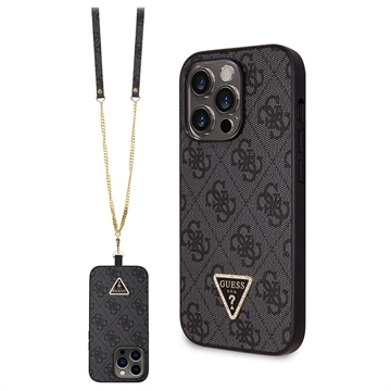 iPhone 15 Pro Max Guess 4G Strass Triangle Metal Logo Case with Crossbody Strap - Black