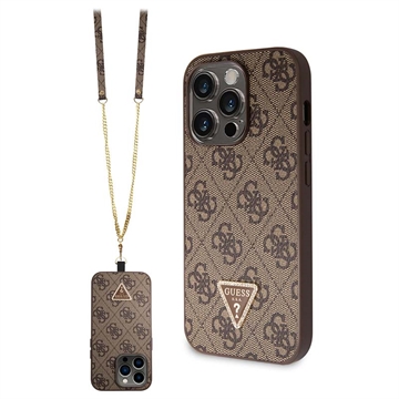 iPhone 15 Pro Max Guess 4G Strass Triangle Metal Logo Case with Crossbody Strap - Brown
